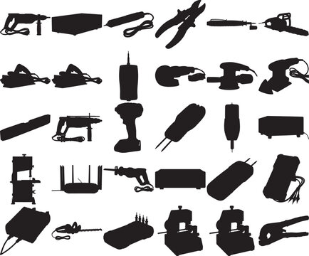 Hand made Silhouette collection of power tools vector illustration of various electric tools By Adobe Illustrator