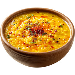 yellow lentil curry (dal tadka) with ghee and red chili tempering, served in bowl on transparent white background 