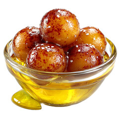 Indian dessert gulab jamun, golden syrupy milk balls in bowl on transparent white background 