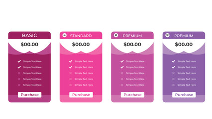 Four Tiered Pricing Table Featuring Basic, Standard, and Premium Options in Purple and Pink Hues