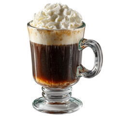 Classic Irish coffee in a clear glass mug topped with whipped cream on transparent white background 