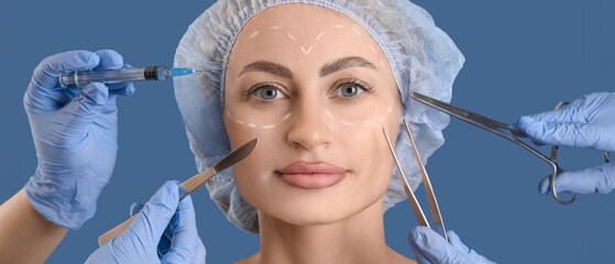 Young woman and plastic surgeons with tools on blue background, closeup. Blepharoplasty concept