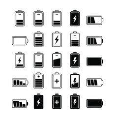 Vector art of set of battery charge level icons, depicting various states of power