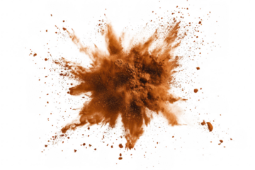 A dynamic explosion of brown powder creating a dramatic splash against a white background. the texture and movement of the substance. ideal for culinary or artistic themes