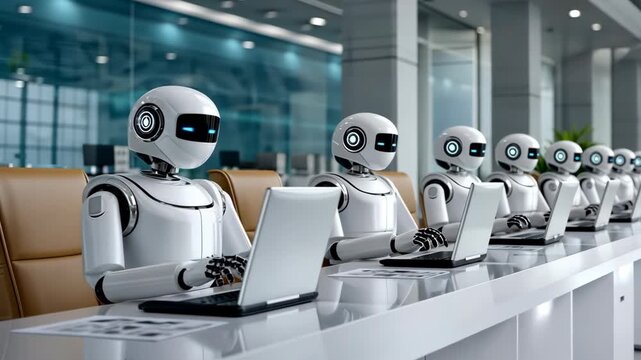 Robots work together in a modern office setting using laptops for productive tasks during the day