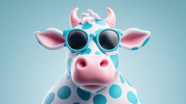 Fun cartoon cow wearing sunglasses on a light blue background