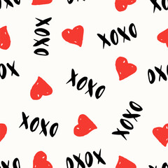 Romantic Seamless Repeating Vector Pattern with Red Hearts And XOXO Kisses