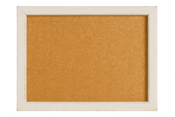 Empty cork bulletin board with white wooden frame, offering copy space for messages, announcements, or reminders, transparent background