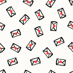 Playful Valentine's Day Pattern with Envelopes and Red Hearts