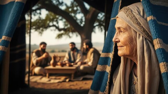 An elderly woman observes three men dining and conversing outside a tent, depicting a scene from biblical times and ancient eastern hospitality.
