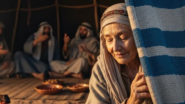 Old woman peeking from behind a curtain at men gathering in a tent, illustrating biblical hospitality
