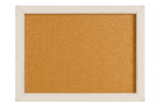 Empty cork bulletin board with white wooden frame, offering copy space for messages, announcements, or reminders, transparent background