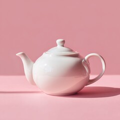 White ceramic teapot on pink background