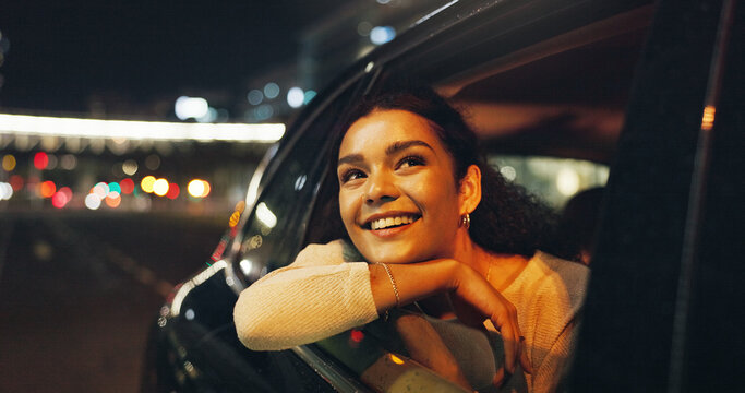 Happy, woman and window of vehicle at night for travel, sightseeing city and tourism holiday. Smile, passenger and thinking in car for fresh air, adventure trip and nightlife view for evening journey