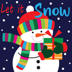 Cute snowman with let it snow text for Christmas card, gift bag or box design
