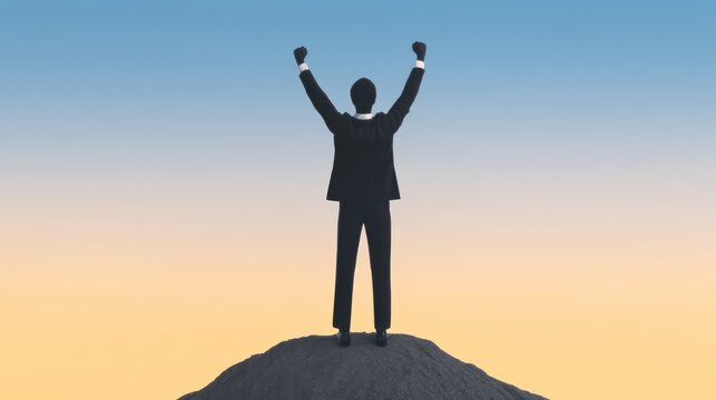 Businessman Celebrating Success on Top of Mountain with Raised Arms Against a Bright Gradient Sky - Powered by Adobe