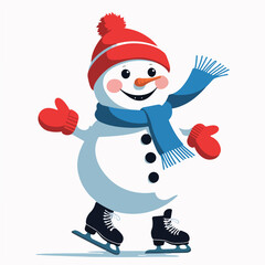 Snowman wearing mittens and scarf, gliding on small ice skates