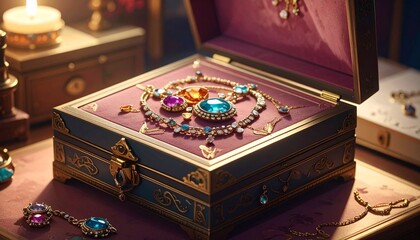 An open antique jewelry box on a wooden surface, filled with ornate brooches and colorful gemstones, evoking themes of heritage, memory, opulence, and the intimate choreography of adornment.
