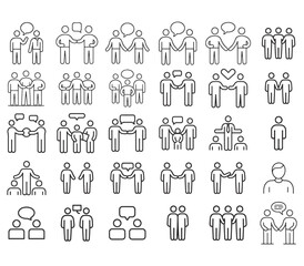 Collection of simple outline figures representing people and interactions
