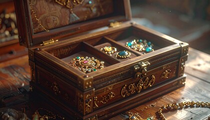 An open antique jewelry box on a wooden surface, filled with ornate brooches and colorful gemstones, evoking themes of heritage, memory, opulence, and the intimate choreography of adornment.