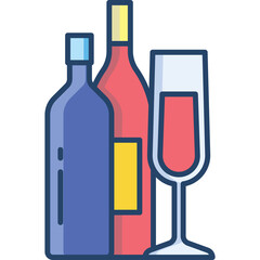 Two Wine Bottles One Tall Red Bottle and One Blue Bottle Standing Next To a Tall Champagne Glass Filled with Red Liquid on a Transparent Background Minimalist Design