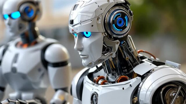 Discovering advanced robotics as two humanoid robots interact and showcase their capabilities in a tech environment during a sunny day