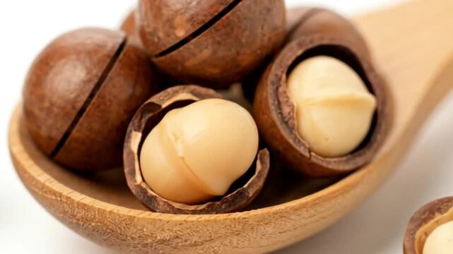 Macadamia nuts some shelled in a wooden spoon