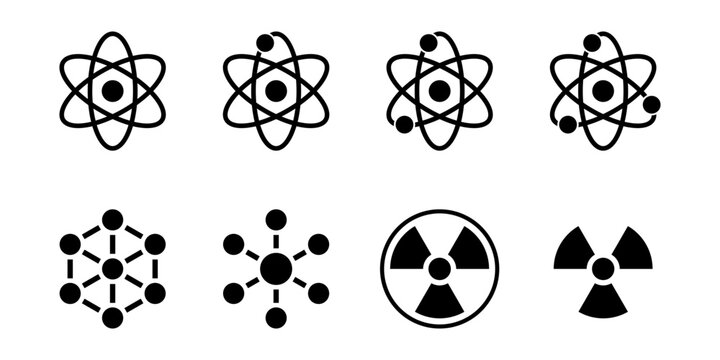 Simple Black Molecule or Atom with Electrons in Orbit and Atomic Nuclear Energy Power Nuclear Hazard Ionizing Radiation Danger Trefoil Warning Sign Icon Symbol Set. Vector Image.