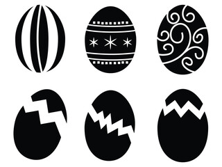 Easter eggs icon vector. Broken Easter, decorated ester eggs icon vector set. Spring Easter black and white egg elements. Egg shell icon set. Cracked egg vector illustration.