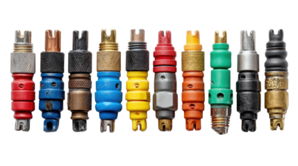 Electrical Connectors Lineup: A close-up view presents an array of colorful electrical connectors, arranged in a row. It features various types and designs of these components.