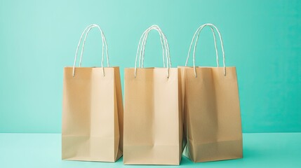 Paper shopping bags arranged neatly against a clean pastel backdrop, highlighting texture, minimalism, and sustainable packaging