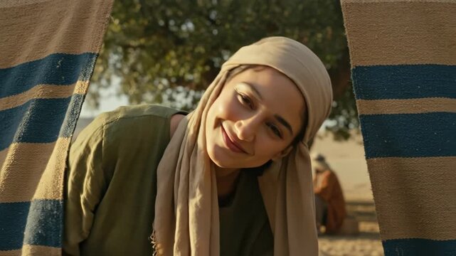 Young arabs or jewish woman peeking out from a tent with a cheerful smile, observing a desert encampment from biblical times.