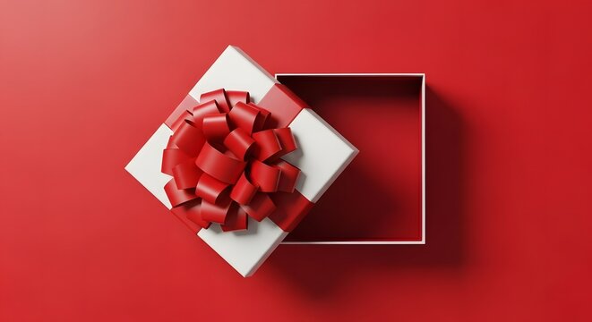 Open red gift box with large red ribbon bow on a vibrant red background - Powered by Adobe