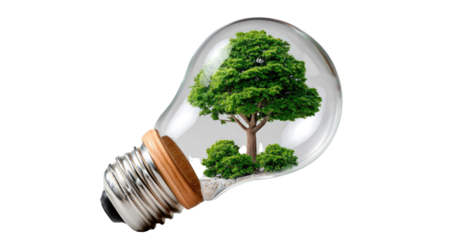 Eco-Innovation: A radiant light bulb embraces a thriving tree, symbolizing the bright future of sustainable energy.