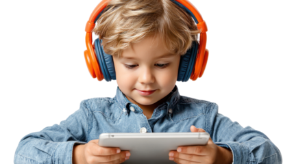 Digital explorer: A young child with headphones absorbed in the world of technology, playfully holding a tablet, engaging with media