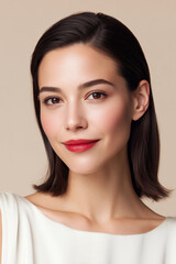 A young brunette Asian woman with smooth skin, brown eyes, and red lipstick, wearing a white top against a neutral background