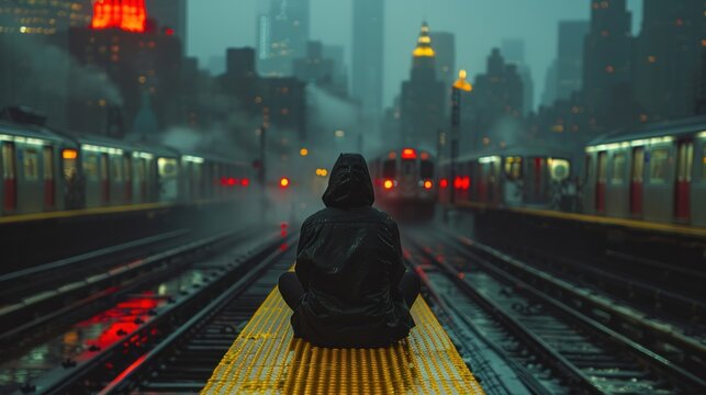 A person sits on subway tracks in a city during a rainy evening. City lights reflect on wet rails.