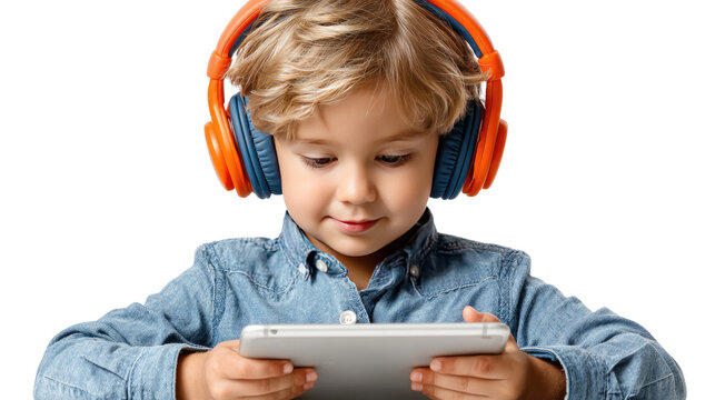 Digital explorer: A young child with headphones absorbed in the world of technology, playfully holding a tablet, engaging with media