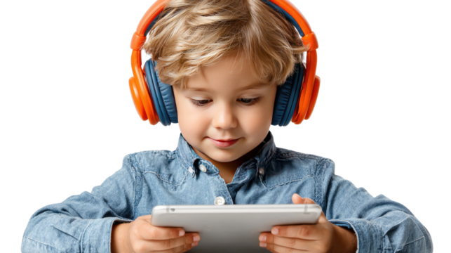 Digital explorer: A young child with headphones absorbed in the world of technology, playfully holding a tablet, engaging with media