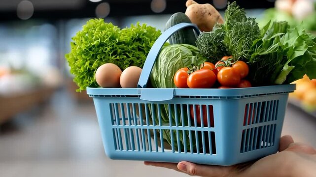 Fresh produce shopping experience at a local market in the morning with colorful fruits and vegetables in a blue basket