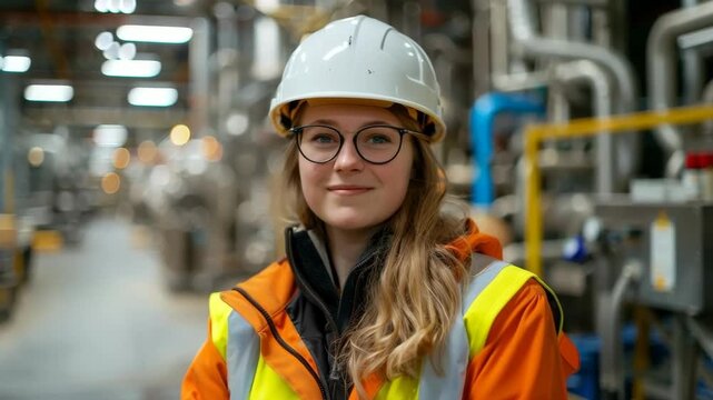 Woman wearing hard hat and safety vest in industrial setting, calm expression, representing workplace safety and well being.