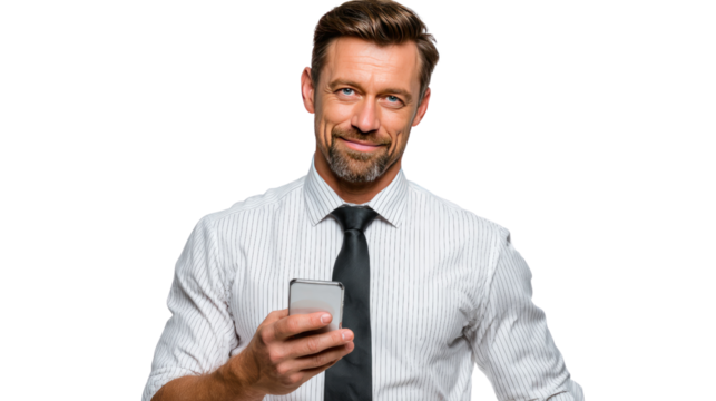 Confident Communication: A distinguished professional, dapper in a crisp dress shirt and tie, engages with his smartphone, reflecting a blend of confidence and ease.