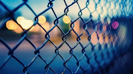 Fototapeta premium Perspective view of chain-link metal fence fading into blur, symbolizing isolation and urban boundaries