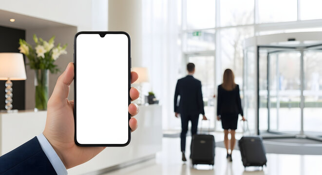 A modern corporate office lobby with glossy white floors, large glass windows, and natural light, featuring three business professionals walking toward the background.