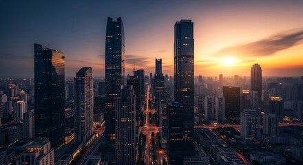 Fototapeta premium Cityscape at Dusk - A Stunning View of Urban Skyscrapers.