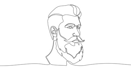Portrait of a bearded man with a mustache in one line art style. Drawing of a male face with editable black stroke on white background. Vector illustration.