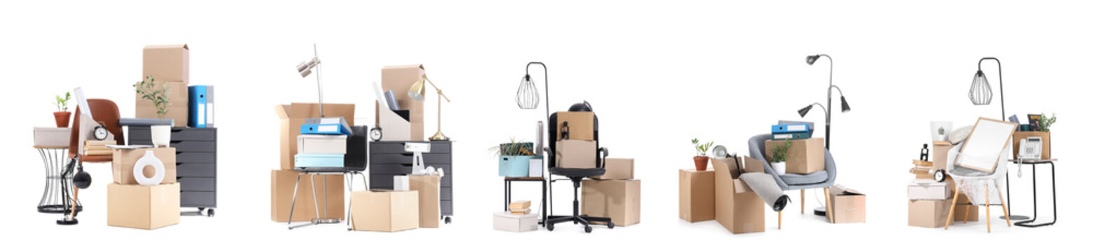 Set of moving boxes with office belongings and furniture on white background