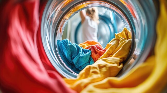 Point of view from inside a washer drum, person loading colorful clothes, capturing everyday household scene