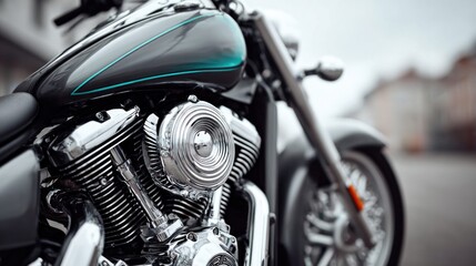 Fototapeta premium Close-up of a classic motorcycle engine with chrome details and a sleek design