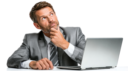 Mindful Calculation: A focused business professional leans pensively, his gaze turned skyward, embodying contemplation at his work.